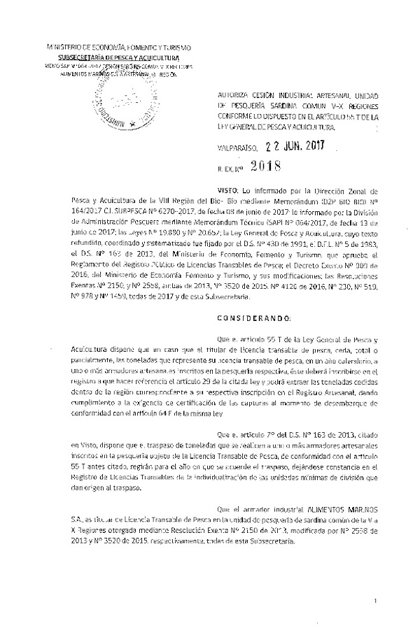 Res. Ex. N° 2018-2017 Autoriza cesión anchoveta y sardina común, VIII Región.