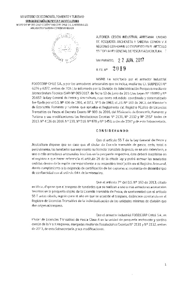 Res. Ex. N° 2019-2017 Autoriza cesión anchoveta y sardina común, VIII Región.