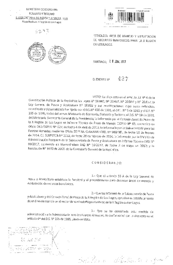 Dec. Ex. N° 437-2017 Establece Área de Manejo y Explotación de Recursos Bentónicos Playa Huahuar, X Región. (Publicado en Página Web 23-06-2017) (F.D.O. 27-06-2017)