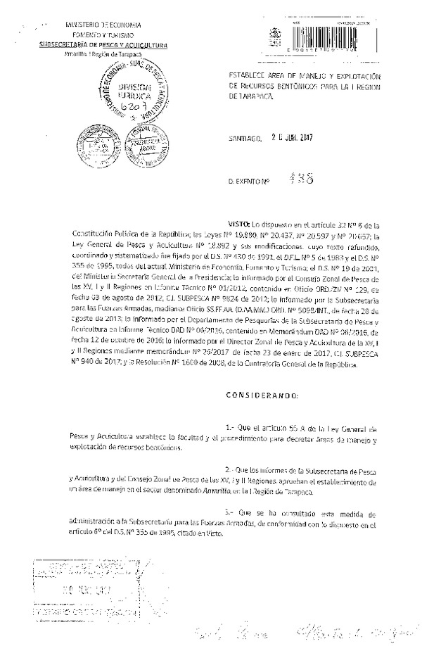 Dec. Ex. N° 438-2017 Establece Área de Manejo y Explotación de Recursos Bentónicos Amarillo, I Región. (Publicado en Página Web 23-06-2017) (F.D.O. 27-06-2017)