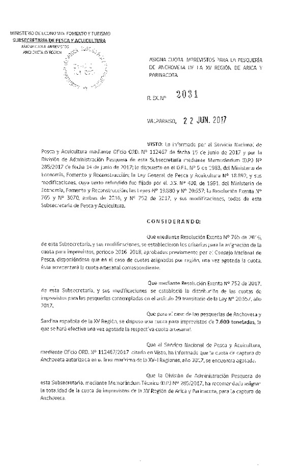 Res. Ex. N° 2031-2017 Asigna Cuota Imprevistos para la Pesquería de Anchoveta de la XV Región. (Publicado en Página Web 23-06-2017) (F.D.O. 30-06-2017)