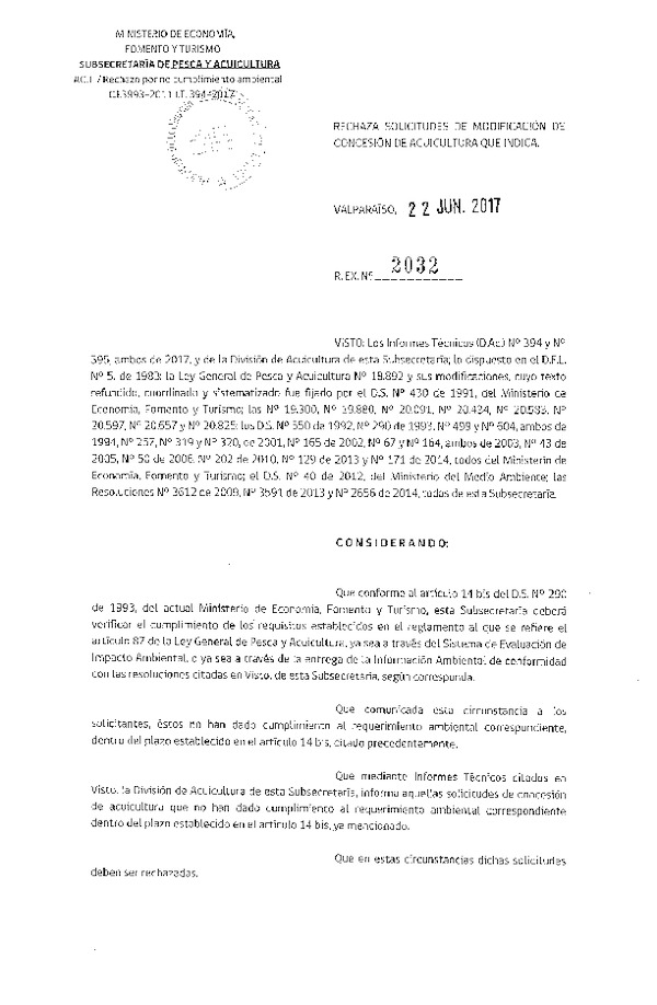 Res. Ex. N° 2032-2017 Rechaza solicitudes de modificación de concesión de acuicultura que indica.