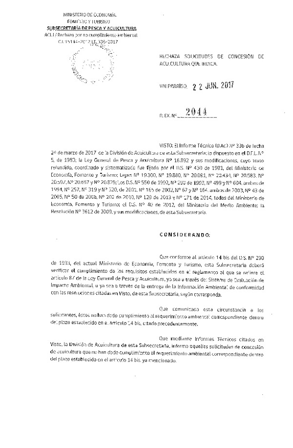 Res. Ex. N° 2044-2017 Rechaza solicitudes de concesión de acuicultura que indica.