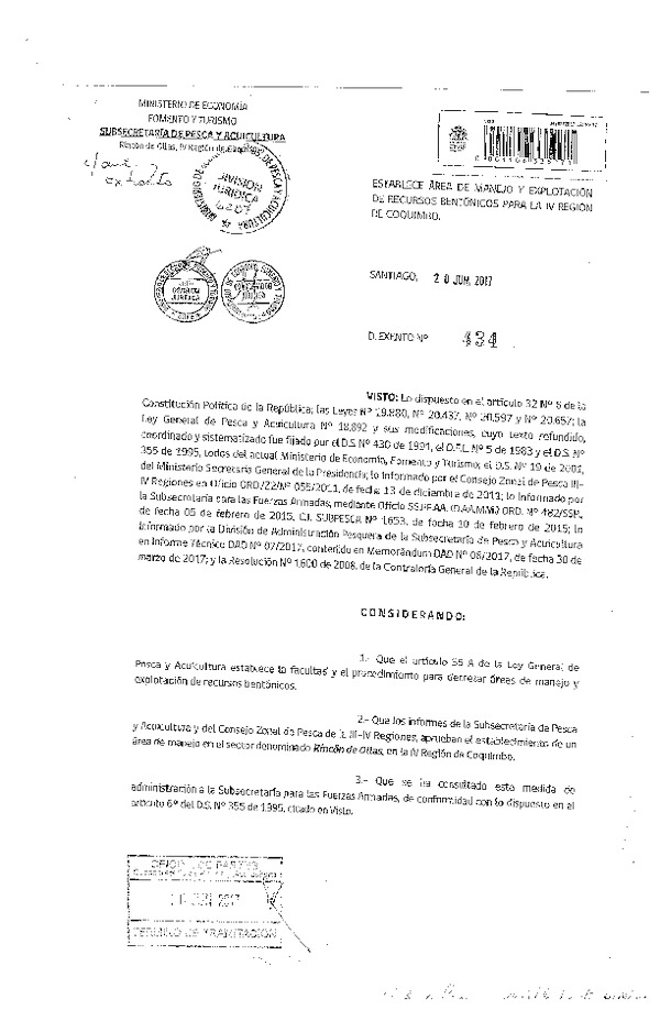 Dec. Ex. N° 434-2017 Establece Área de Manejo y Explotación de Recursos Bentónicos Rincón de Ollas, IV Región. (F.D.O. 28-06-2017)