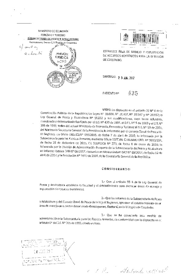 Dec. Ex. N° 435-2017 Establece Área de Manejo y Explotación de Recursos Bentónicos Guanaqueros Sector C, IV Región. (F.D.O. 28-06-2017)