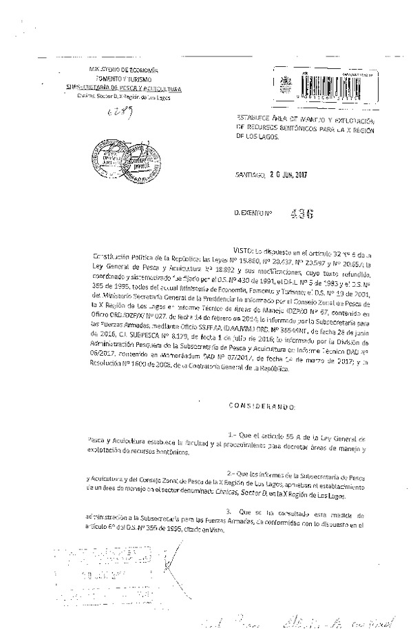 Dec. Ex. N° 436-2017 Establece Área de Manejo y Explotación de Recursos Bentónicos Chaicas Sector D, X Región. (F.D.O. 28-06-2017)