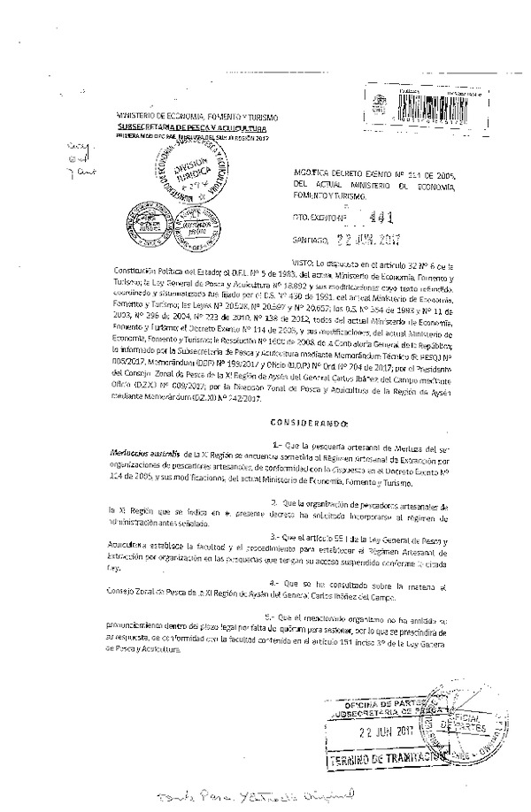 Dec. Ex. N° 441-2017 Modifica Dec. Ex. N° 114-2005 Establece Régimen Artesanal de Extracción por Organización para la Pesquería Artesanal de Merluza delo sur en la XI Región. (Publicado en Página Web 28-06-2017) (F.D.O. 29-06-2017)