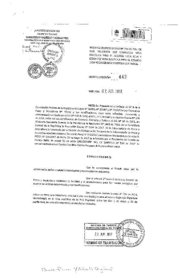 Dec. Ex. N° 442-2017 Modifica D EX N° 296-2014 Establece Veda Biológica para el recurso Luga Roja en la X y XI Región. (Publicado en Página Web 28-06-2017) (F.D.O. 29-06-2017)