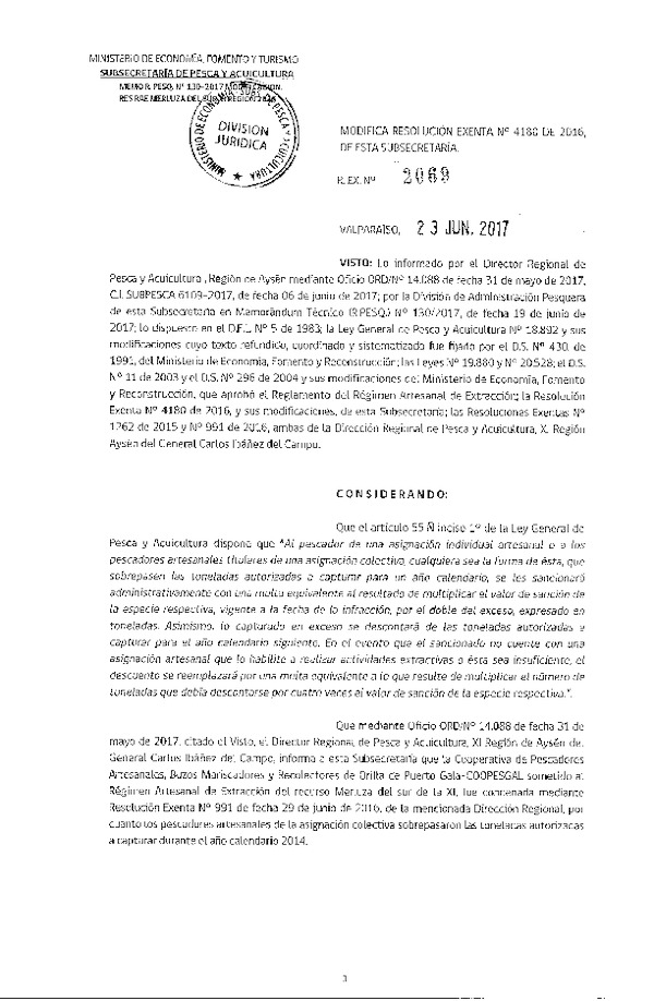 Res. Ex. N° 2069-2017 Modifica Res. Ex. N° 4180-2016 Distribución de la Fracción Artesanal de Pesquería de Merluza del Sur por Organizaciones, XI Región, año 2017. (Publicado en Página Web 28-06-2017)