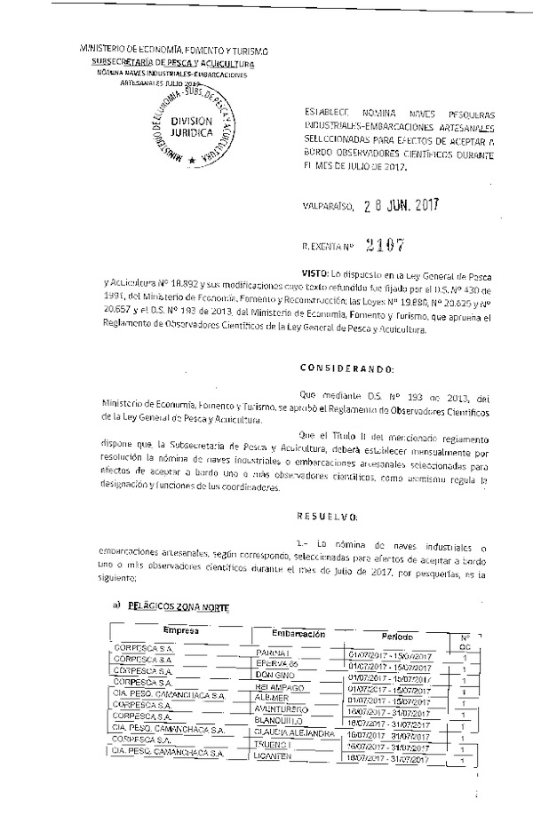 Res. Ex. Nº 2107-2017 Naves mes de Julio de 2017.