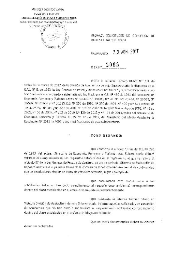 Res. Ex. N° 2065-2017 Rechaza solicitudes de concesión de acuicultura que indica.
