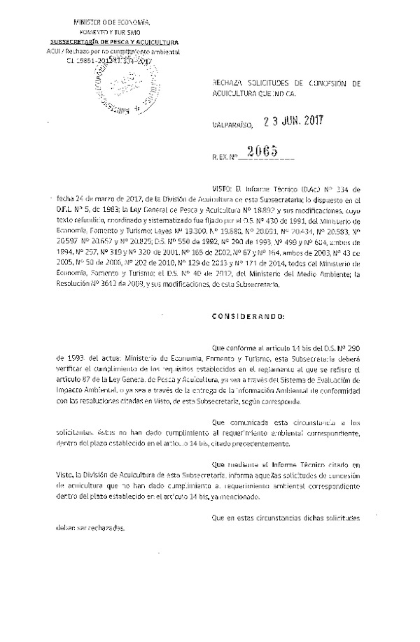 Res. Ex. N° 2065-2017 Rechaza solicitudes de concesión de acuicultura que indica.