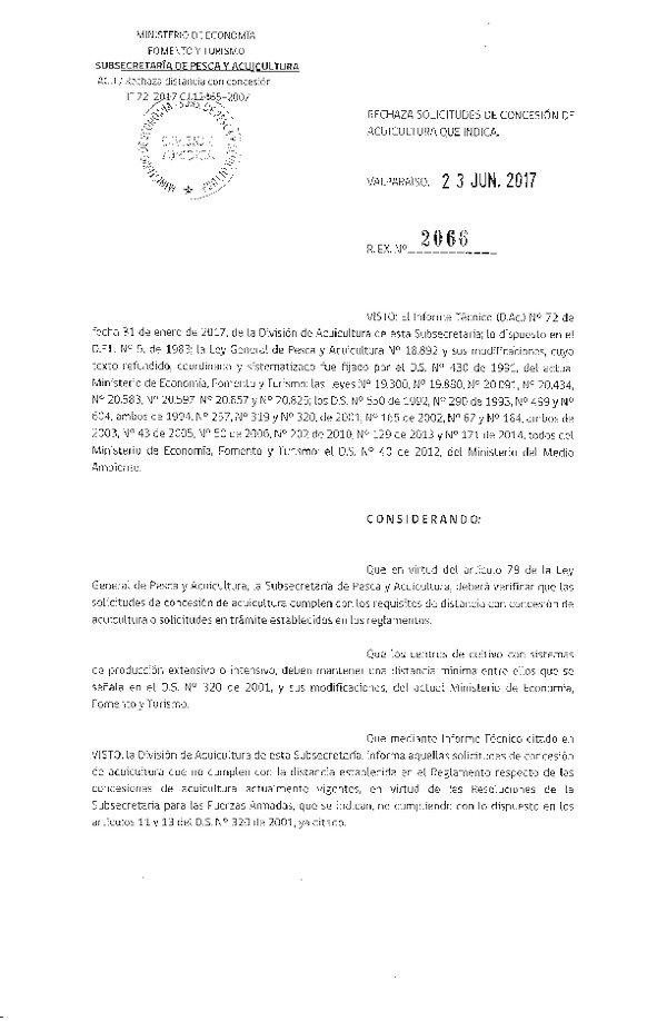 Res. Ex. N° 2066-2017 Rechaza solicitudes de concesión de acuicultura que indica.