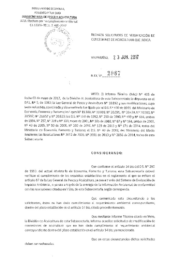 Res. Ex. N° 2067-2017 Rechaza solicitudes de modificación de concesiones de acuicultura que indica.