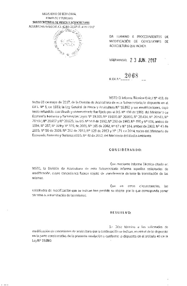 Res. Ex. N° 2068-2017 Da termino a procedimiento de modificación de concesiones de acuicultura que indica.