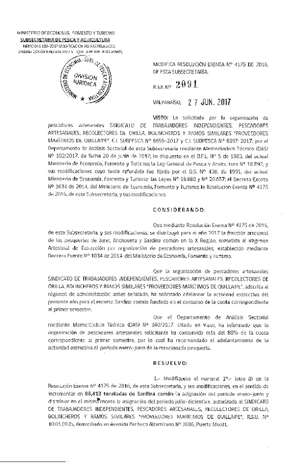 Res. Ex. N° 2091-2017 Modifica Res. Ex. N° 4175-2016 Distribución de la Fracción Artesanal Pesquería de Anchoveta, Sardina Común y Jurel en la X Región. (Publicado en Página Web 28-06-2017)