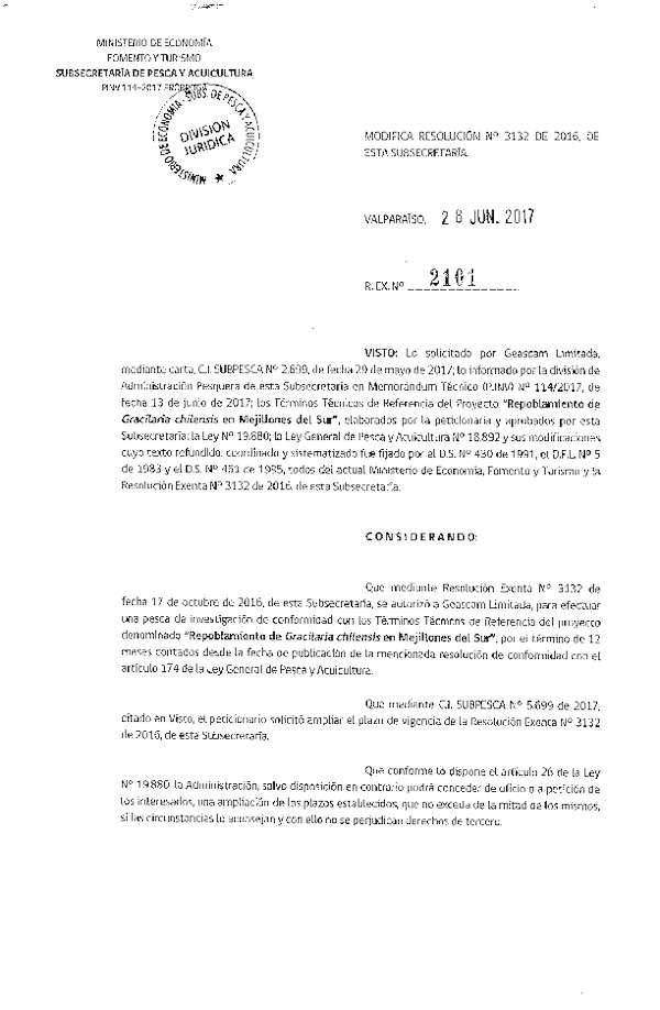 Res. Ex. N° 2101-2017 Modifica Res. Ex. N° 3132-2016 Repoblamiento de Gracilaria chilensis en Mejillones del Sur.