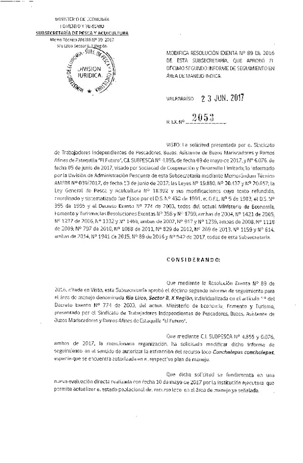Res. Ex. N° 2053-2017 Modifica Res. Ex. N° 89-2016 12° SEGUIMIENTO.