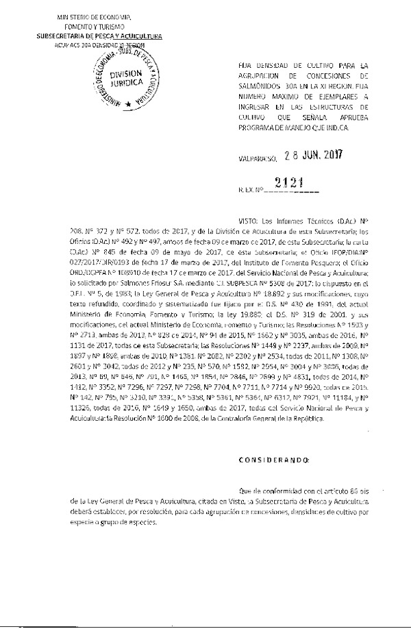 Res. Ex. N° 2121-2017 Fija Densidad de Cultivo para la Agrupación de Concesiones de Salmónidos 30 A, XI Región. (Con Informe Técnico) (Publicado en Página Web 29-04-2017) (F.D.O. 05-07-2017)