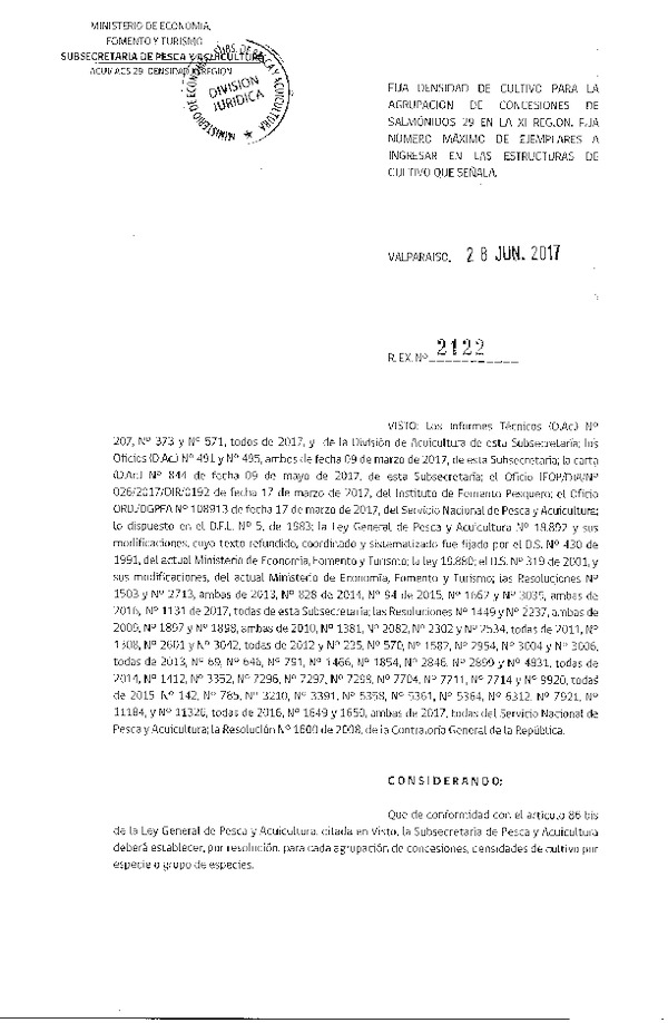 Res. Ex. N° 2122-2017 Fija Densidad de Cultivo para la Agrupación de Concesiones de Salmónidos 29, XI Región. (Con Informe Técnico) (Publicado en Página Web 29-04-2017) (F.D.O. 05-07-2017)