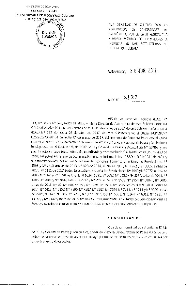 Res. Ex. N° 2123-2017 Fija Densidad de Cultivo para la Agrupación de Concesiones de Salmónidos 25 B, XI Región. (Con Informe Técnico) (Publicado en Página Web 29-04-2017) (F.D.O. 05-07-2017)