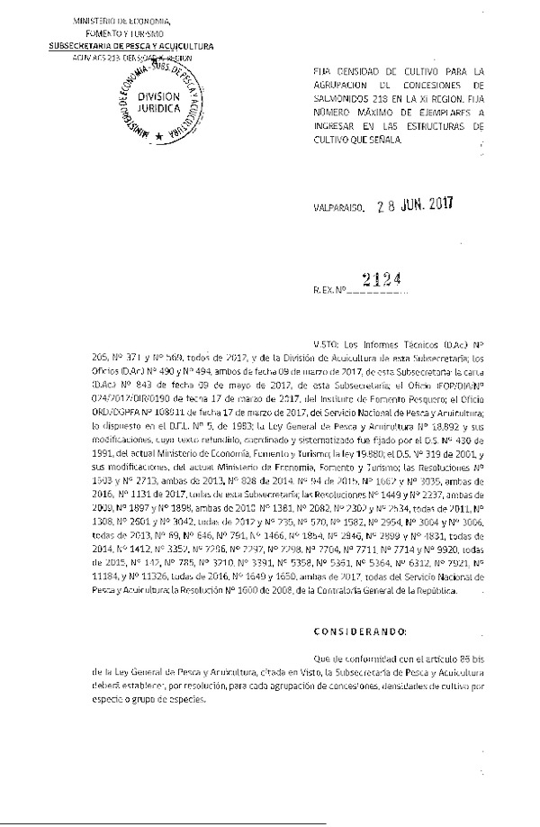 Res. Ex. N° 2124-2017 Fija Densidad de Cultivo para la Agrupación de Concesiones de Salmónidos 21 B, XI Región. (Con Informe Técnico) (Publicado en Página Web 29-04-2017) (F.D.O. 05-07-2017)