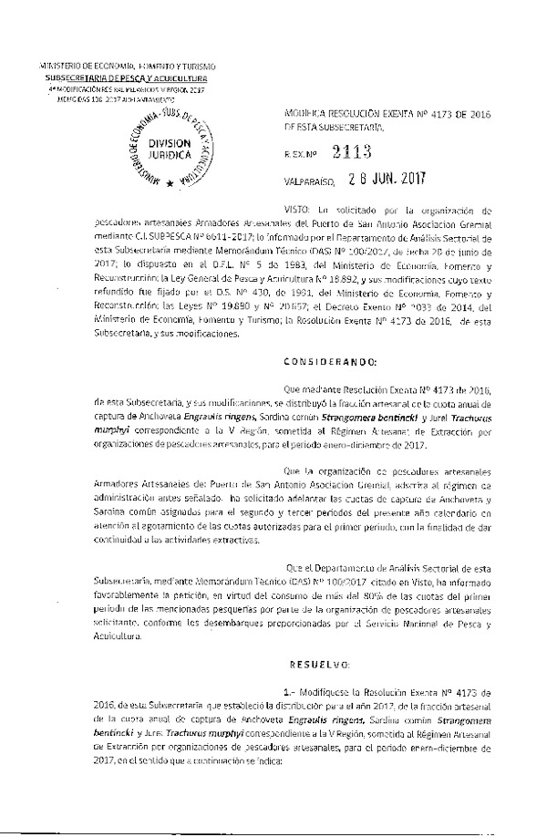 Res. Ex. N° 2113-2017 Modifica Res. Ex. N° 4173-2016 Distribución de la Fracción Artesanal Pesquería de Anchoveta, Sardina Común y jurel, V Región, Año 2017. (Publicado en Página Web 29-06-2017)