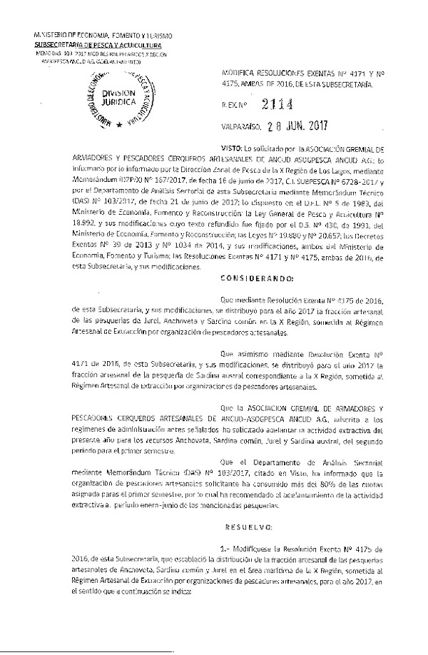 Res. Ex. N° 2114-2017 Modifica Res. Ex. N° 4171 y N° 4175 ambas de 2016 Distribución de la Fracción Artesanal Pesquería de Anchoveta, Sardina Común y Jurel en la X Región. (Publicado en Página Web 29-06-2017)