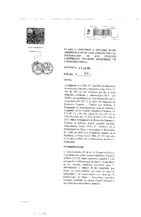 R.M. EX. N° 96-2017 Llama a Concurso y Aprueba Bases Administrativas y sus Anexos para la Integración de los Comités Científicos Técnicos Pesqueros. (Publicado en Página Web 30-06-2017) (F.D.O. 30-06-2017)