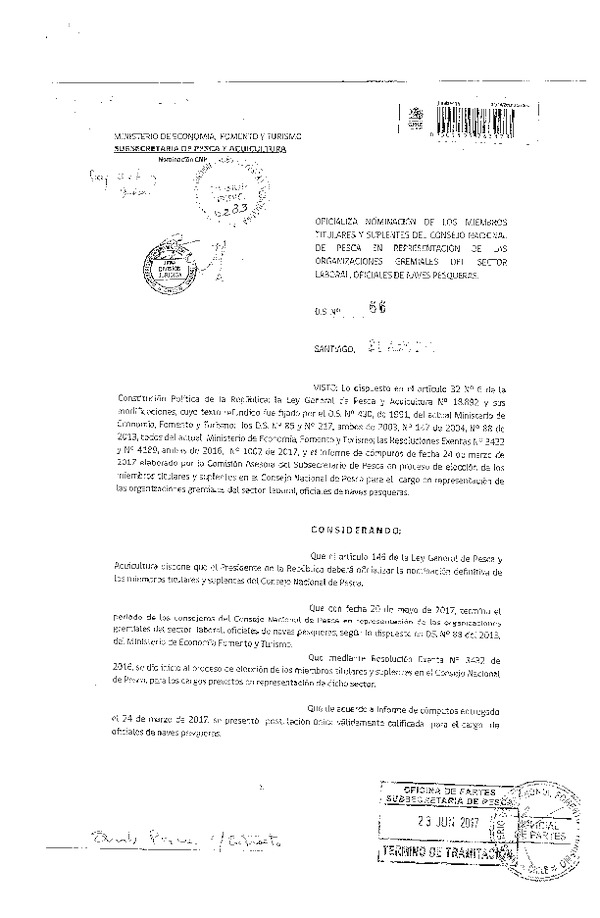 D.S. N°66-2017 Oficializa Nominación de los Miembros Titulares y Suplentes del Consejo Nacional de Pesca en Representación de las Organizaciones Gremiales del Sector Laboral, Oficiales de Naves Pesqueras. (Publicado en Página Web 30-06-2017) (F.D.O. 30-06-2017)