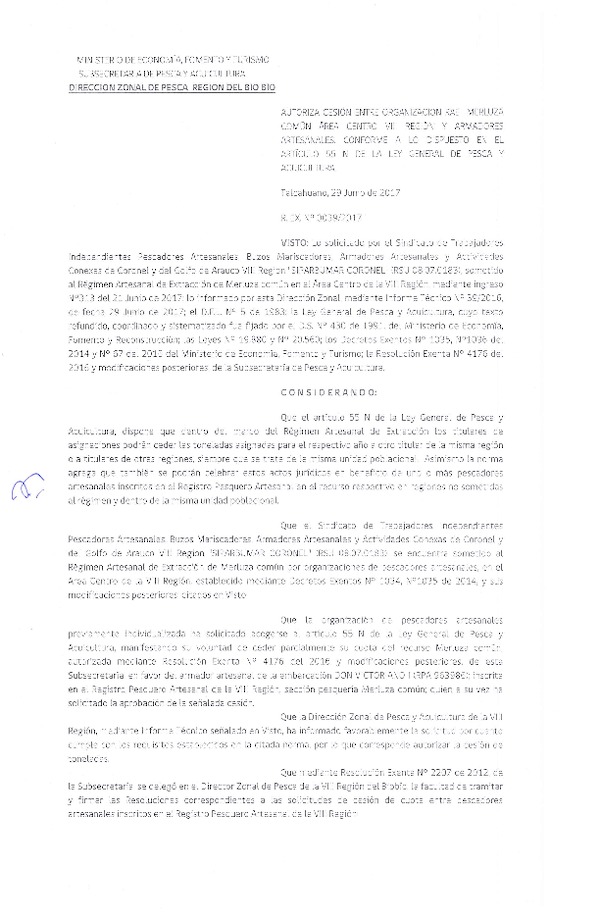 Res. Ex. N° 39-2017 (DZP VIII) Autoriza Cesión Merluza común, VIII Región.