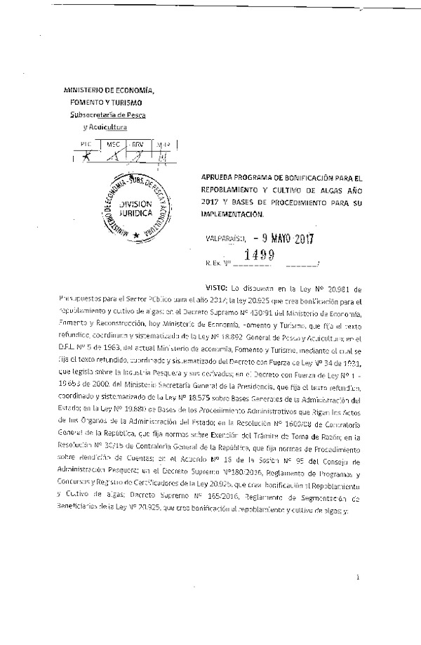 Res. Ex. N° 1499-2017, aprueba programa de bonificación para el repoblamiento y cultivo de algas año 2017 y bases de procedimiento para su implementación