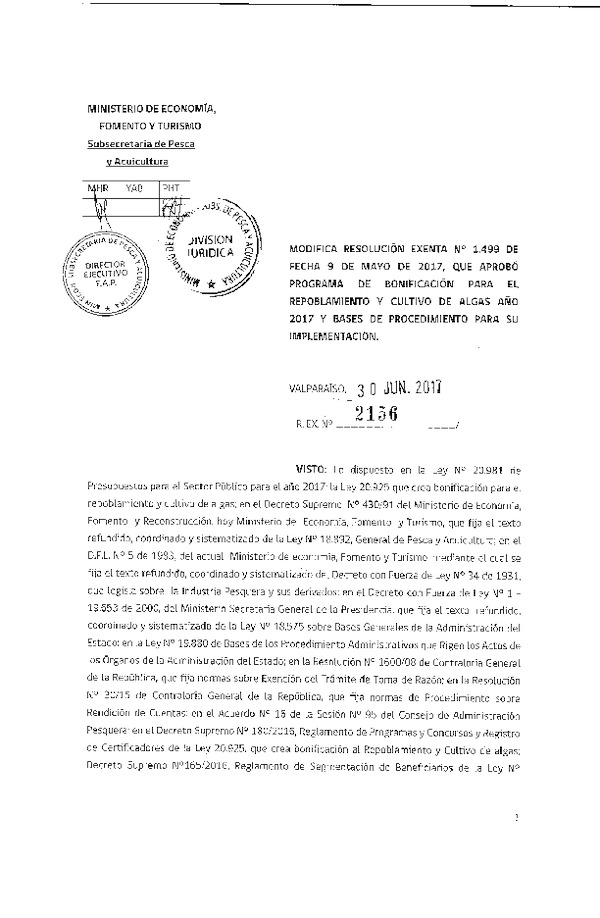 Res. Ex. N° 2156-2017, modifica Res. Ex. N° 1499-2017, que aprobó programa de bonificación para el repoblamiento y cultivo de algas año 2017 y bases de procedimiento para su implementación