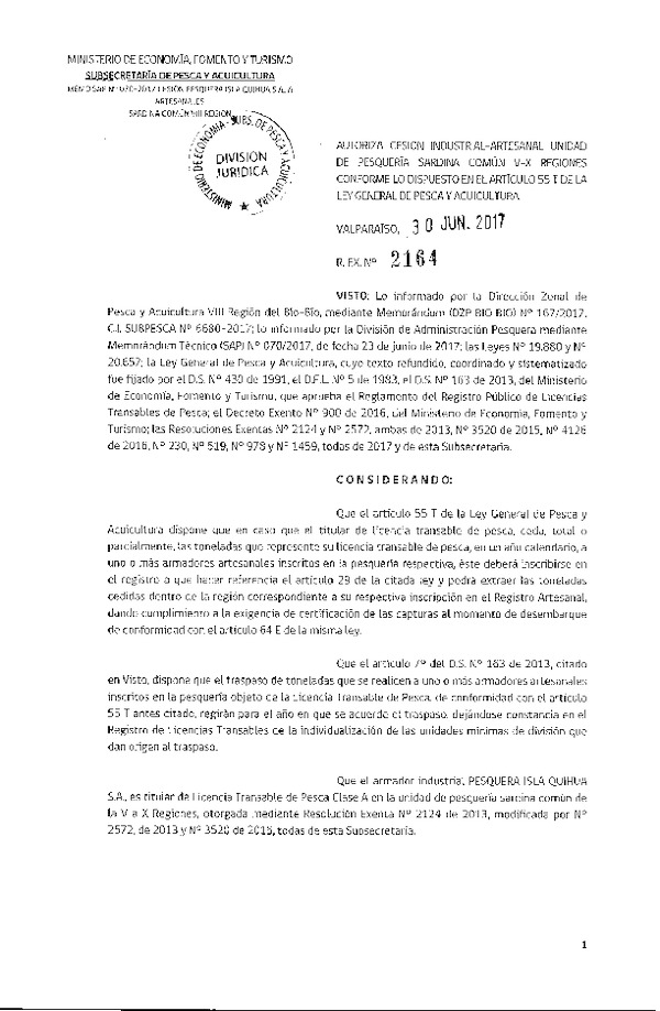 Res. Ex. N° 2164-2017 Autoriza cesión sardina común, VIII Región.
