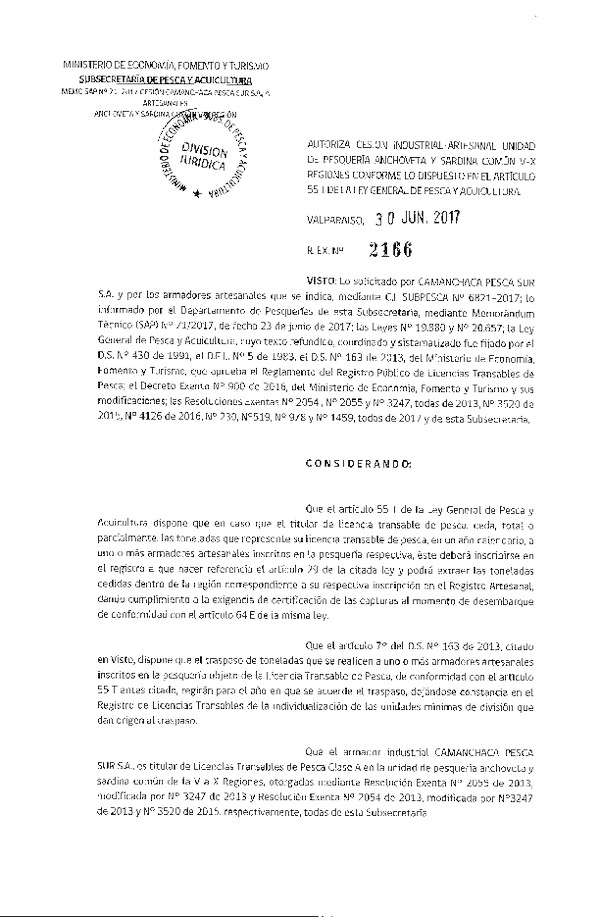 Res. Ex. N° 2166-2017 Autoriza cesión anchoveta y sardina común, VIII Región.