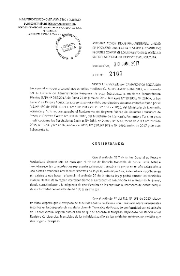 Res. Ex. N° 2167-2017 Autoriza cesión anchoveta y sardina común, IX Región.
