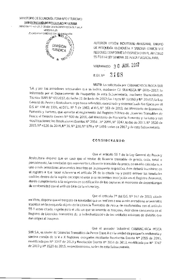 Res. Ex. N° 2168-2017 Autoriza cesión anchoveta y sardina común, XIV Región.