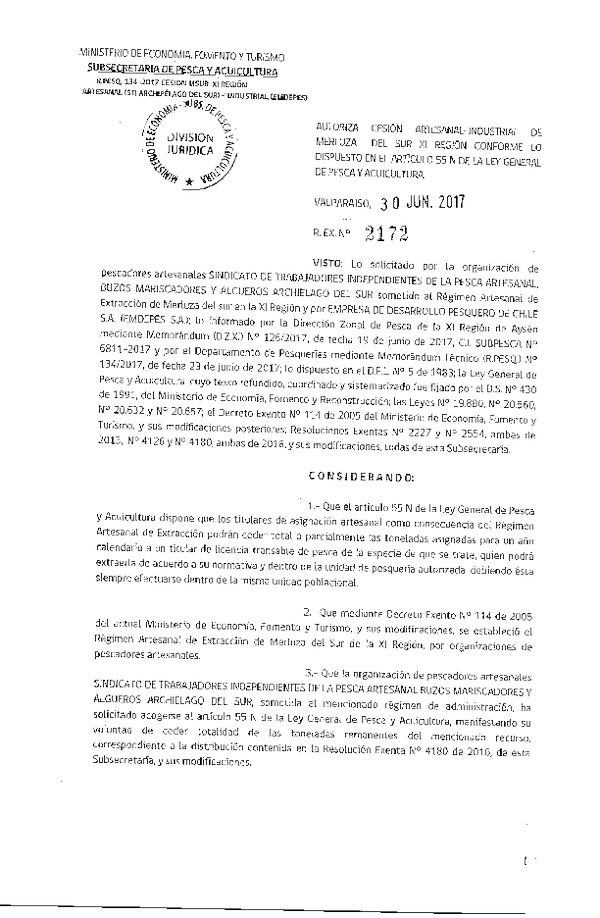 Res. Ex. N° 2172-2017 Cesión Merluza del sur XI Región.