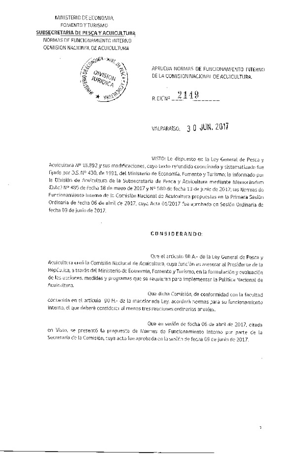 Res. Ex. N° 2149-2017 Aprueba Normas de Funcionamiento Interno de la Comisión Nacional de Acuicultura. (Publicado en Página Web 03-07-2017)