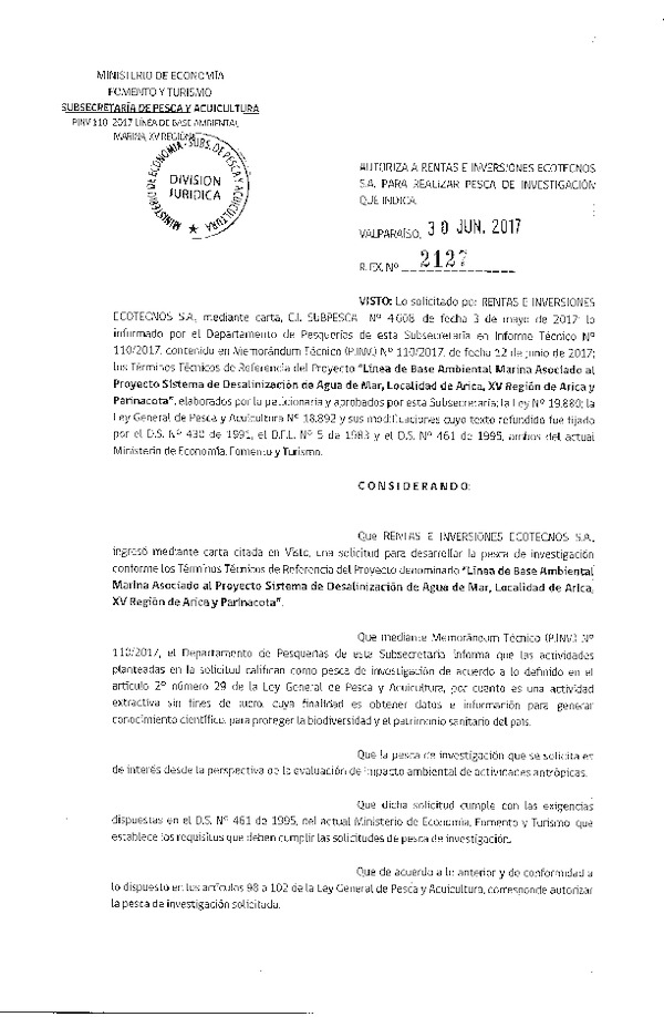 Res. Ex. N° 2127-2017 Línea de base ambiental marina, localidad de Arica, XV Región.