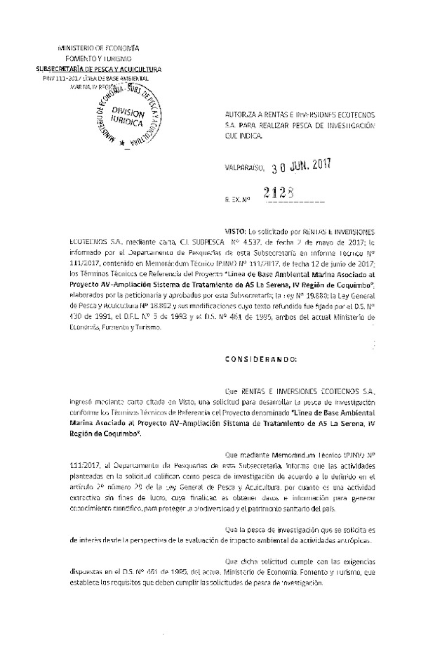 Res. Ex. N° 2128-2017 Línea de base ambiental marina, La Serena, IV Región.