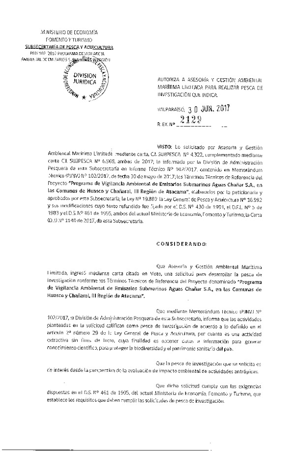 Res. Ex. N° 2129-2017 Programa de vigilancia ambiental comuna de Huasco y Chañaral, III Región.