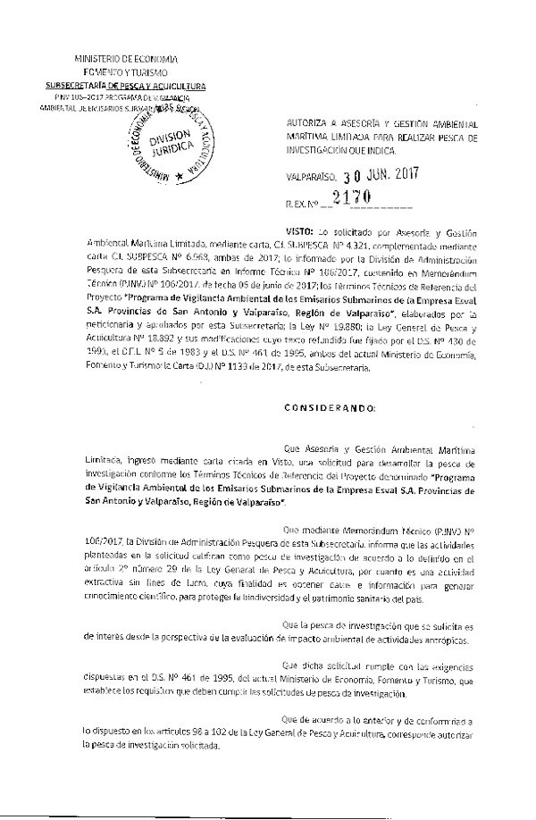 Res. Ex. N° 2170-2017 Programa de vigilancia ambiental provincias de San Antonio y Valparaíso, V Región.