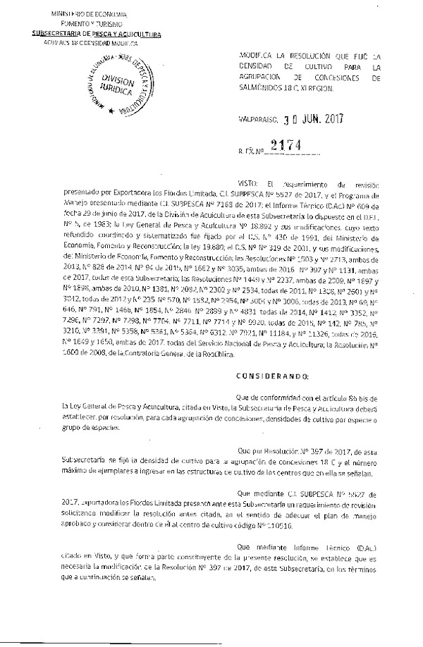 Res. Ex. N° 2174-2017 Modifica Res. Ex. N° 397-2017 Fija densidad de cultivo para la Agrupación de concesiones de Salmónidos 18 C en la XI Región. (Publicado en Página Web 04-07-2017) (F.D.O. 07-07-2017)