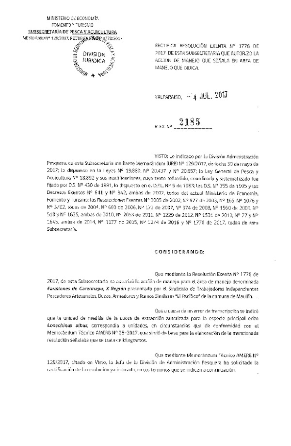 Res. Ex. N° 2185-2017 Rectifica	Res. Ex. N° 1778-2017.