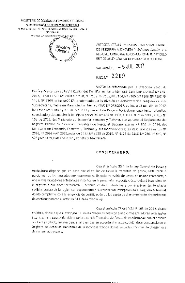 Res. Ex. N° 2209-2017 Autoriza cesión Anchoveta y Sardina común, VIII Región.
