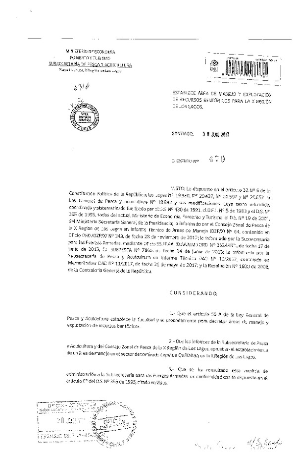 Dec. Ex. N° 479-2017 Establece Área de Manejo y Explotación de Recursos Bentónicos Lepihue Quillahua, X Región. (F.D.O. 07-07-2017)