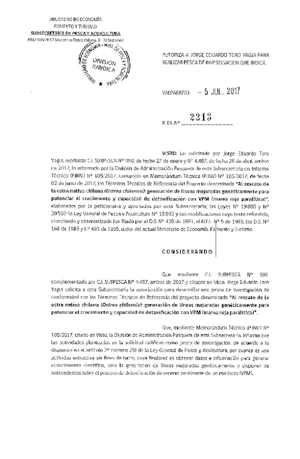 Res. Ex. N° 2213-2017 Al rescate de la ostra nativa chilena, X-XI Región.