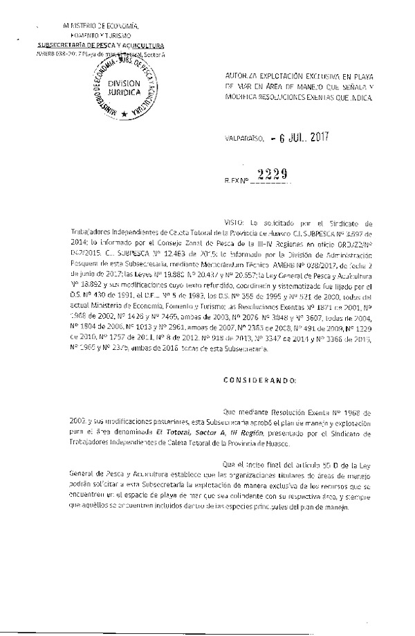 Res. Ex. N° 2229-2017 Autoriza Explotación Exclusiva en Playa de Mar.