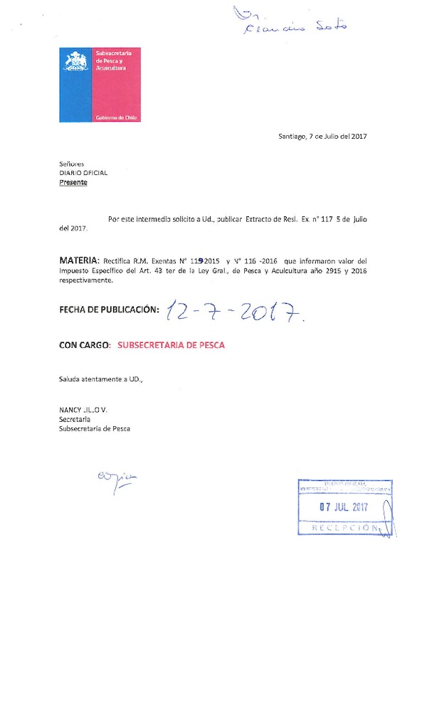 R.M.EX. N° 117 de 2017 Rectifica Valor del Impúesto Específico del Artículo 43 ter de la Ley General de Pesca y Acuicultura, año 2014. (F.D.O. 07-07-2014)